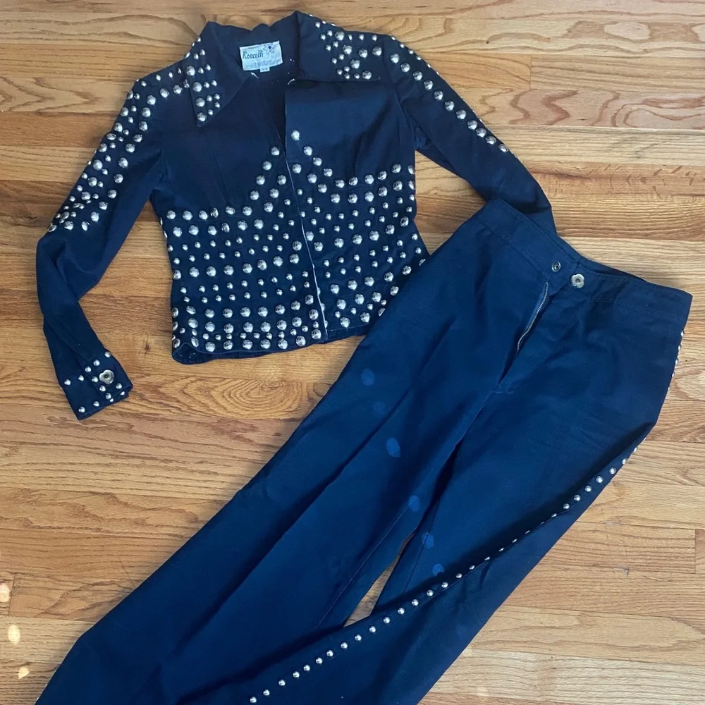 Vintage Studded Navt Women's Pants & Jacket Set - Picture 1 of 4